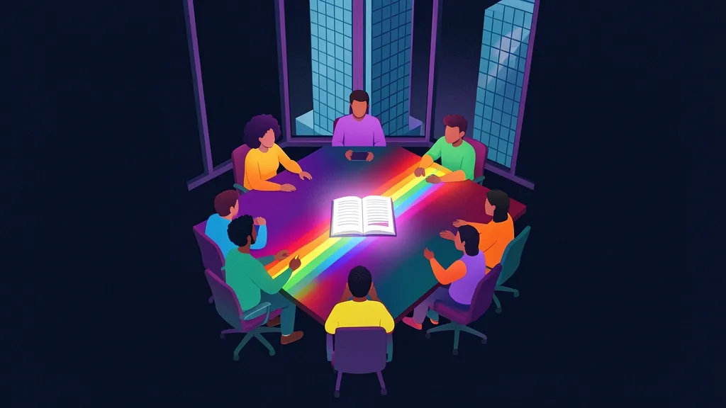 Boardroom table seen from above with rainbow light strips and diverse figures