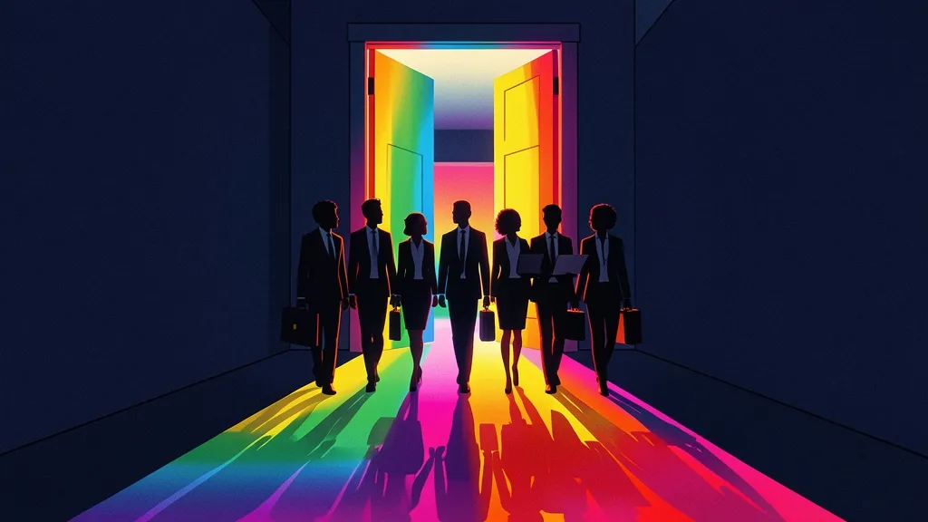 Open door flooding rainbow light into corporate corridor with business professionals