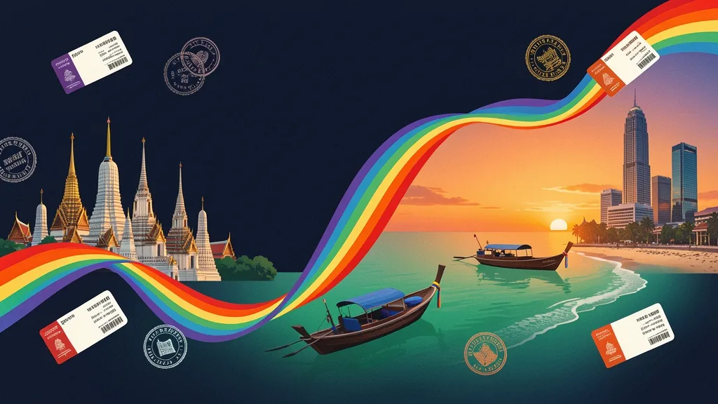 Collage of iconic Thailand tourism landmarks connected by rainbow ribbon